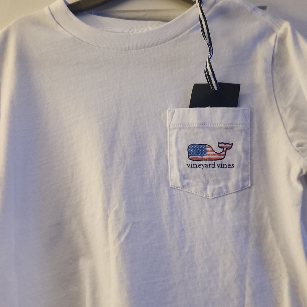 Vineyard Vines White Pocket Tee with Flag Whale Embroidery